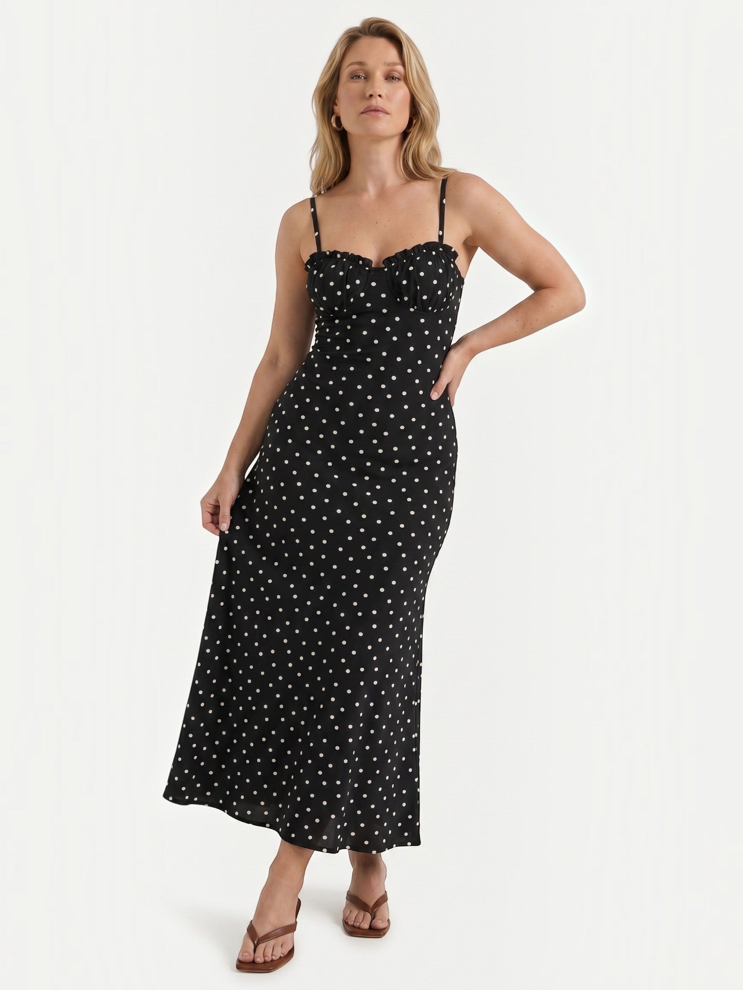 Ernestine Maxikleid mit Punktemuster und Spaghettiträgern
