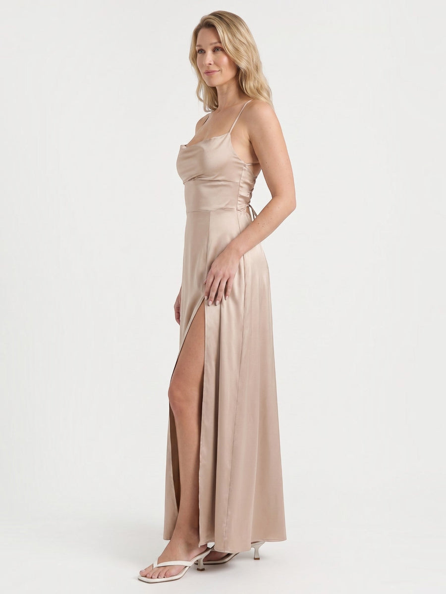 Indie Satin-Midikleid mit Wasserfallausschnitt