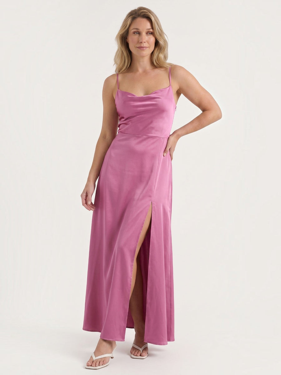 Indie Satin-Midikleid mit Wasserfallausschnitt
