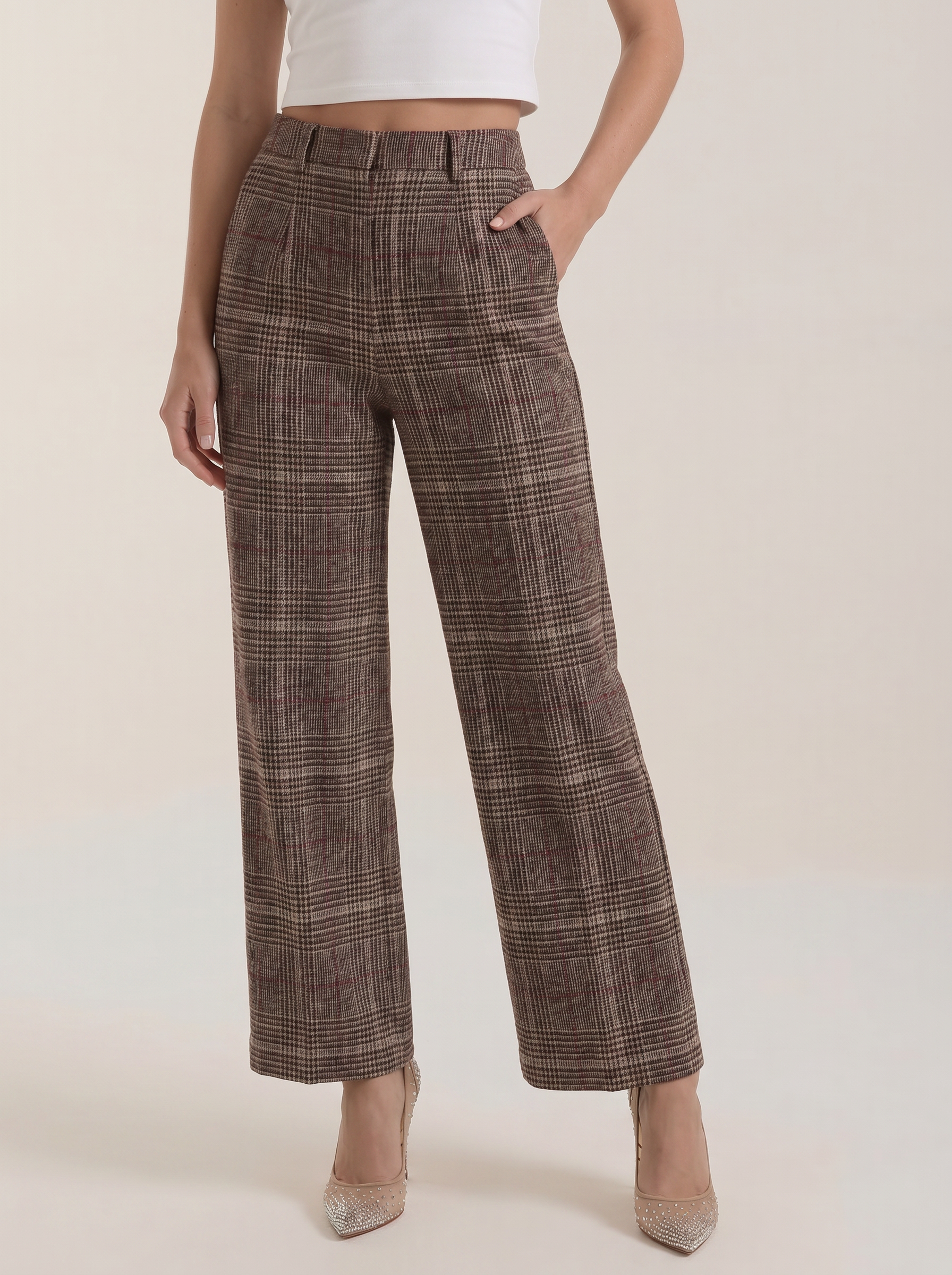 Leigh High-Waisted Karohose mit weitem Bein