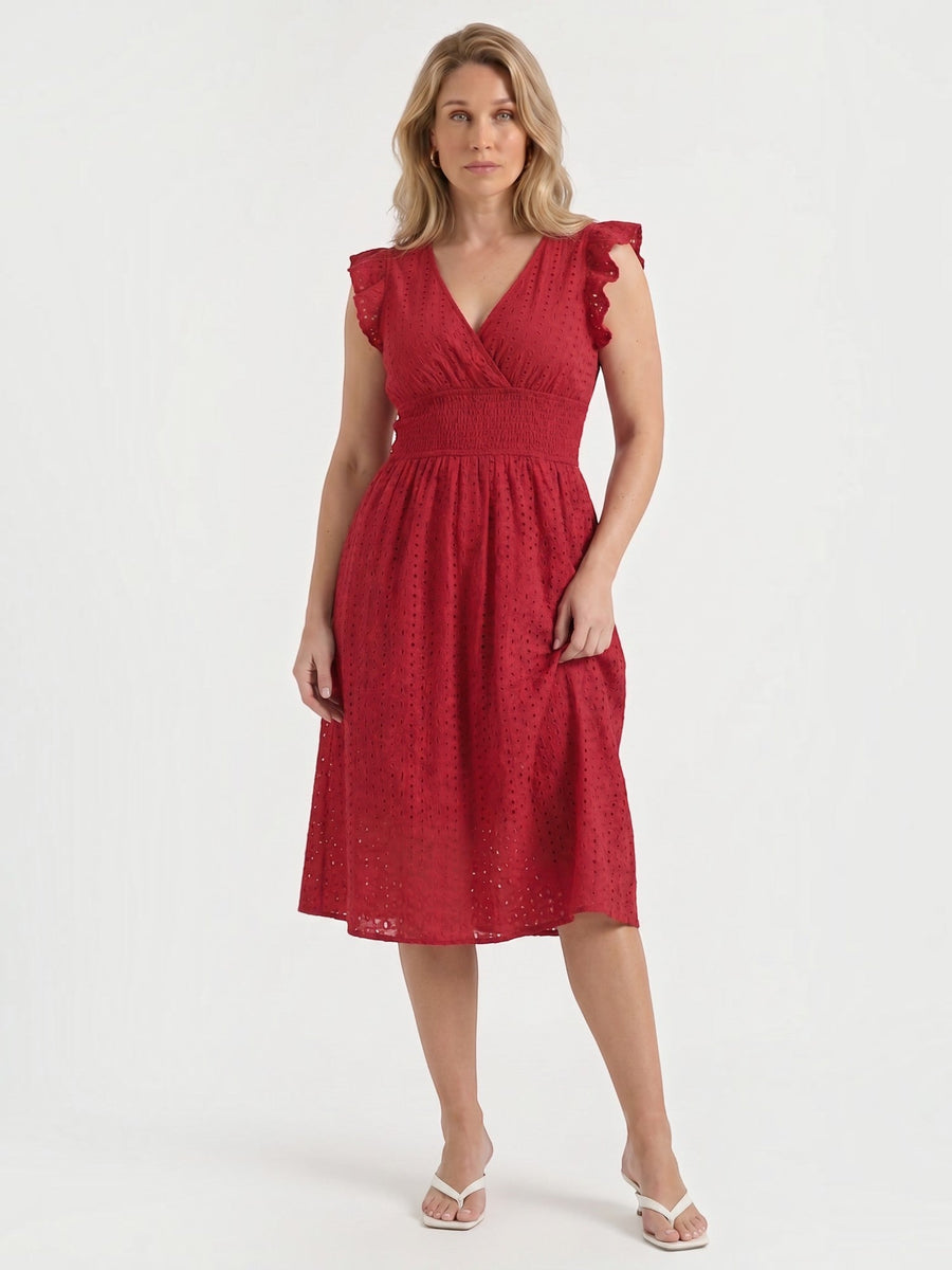 Florence Midikleid mit Lochstickerei und Rüschenträgern