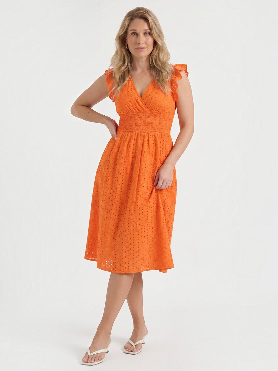 Florence Midikleid mit Lochstickerei und Rüschenträgern