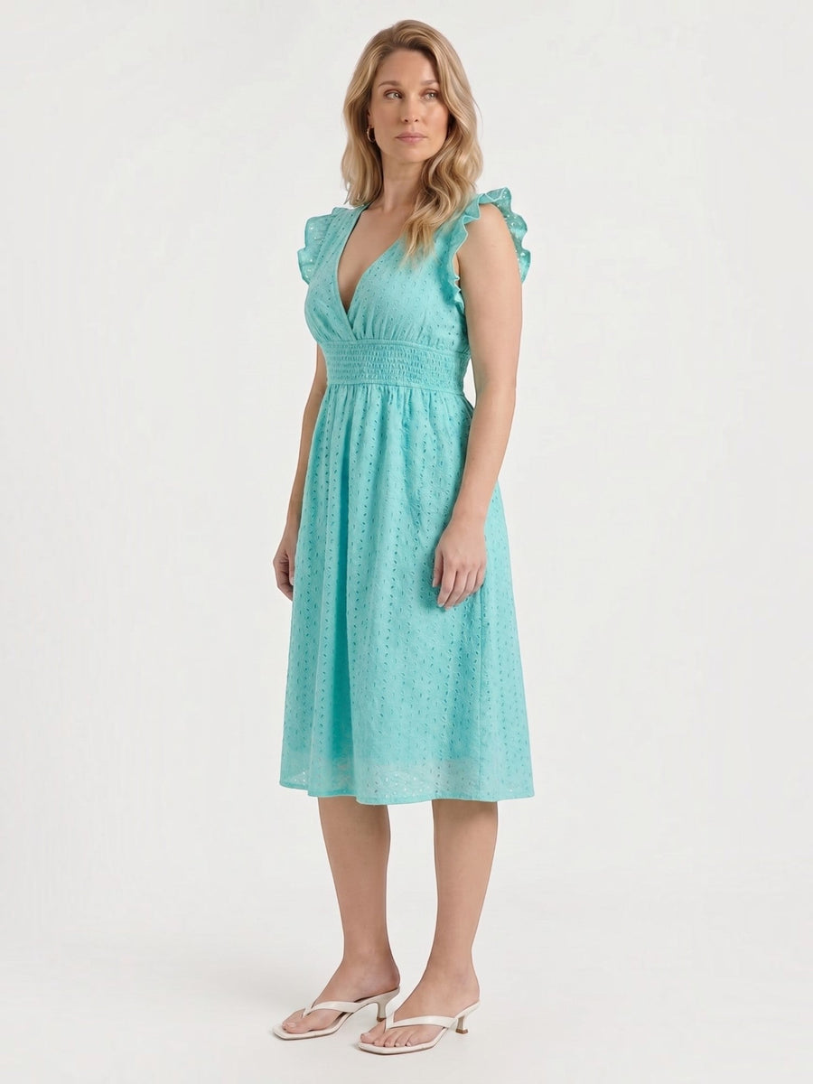 Florence Midikleid mit Lochstickerei und Rüschenträgern