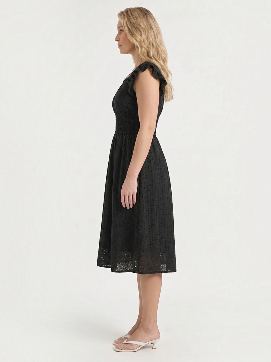 Florence Midikleid mit Lochstickerei und Rüschenträgern