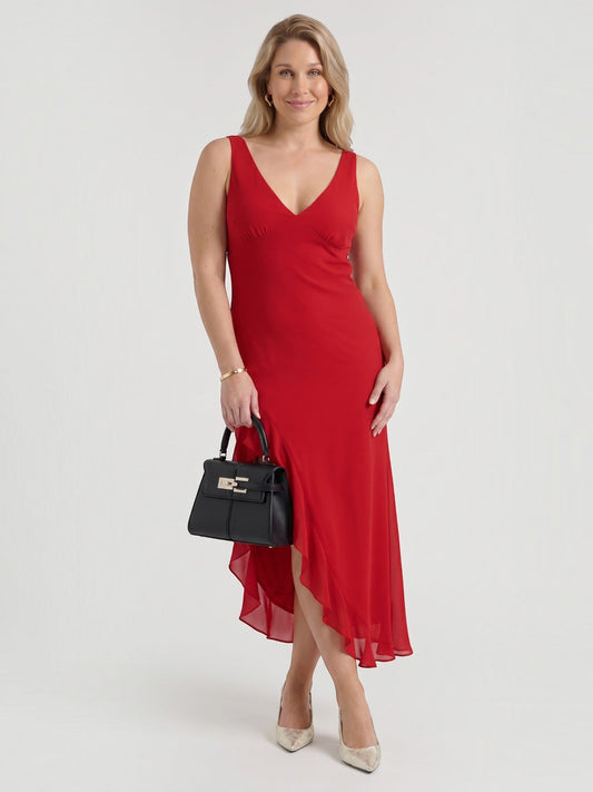 Leslie Midikleid mit V-Ausschnitt und Stufensaum