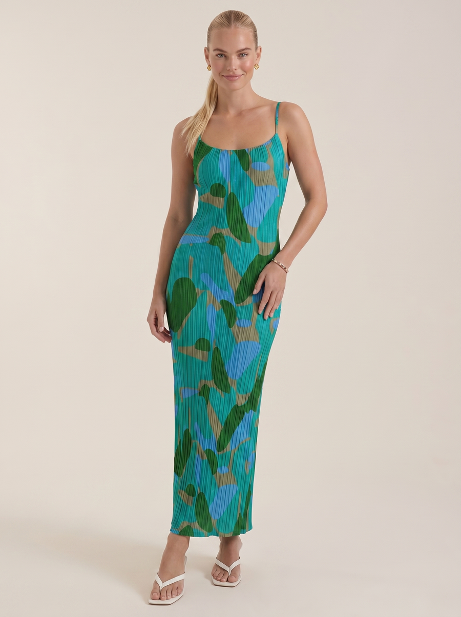 Henrietta Plissee Maxikleid mit Spaghettiträgern