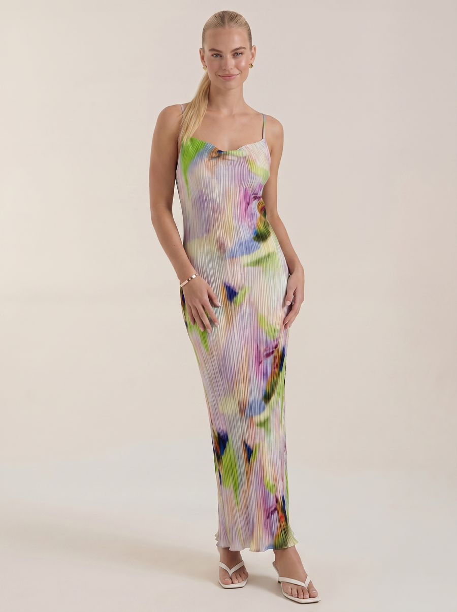 Henrietta Plissee Maxikleid mit Spaghettiträgern