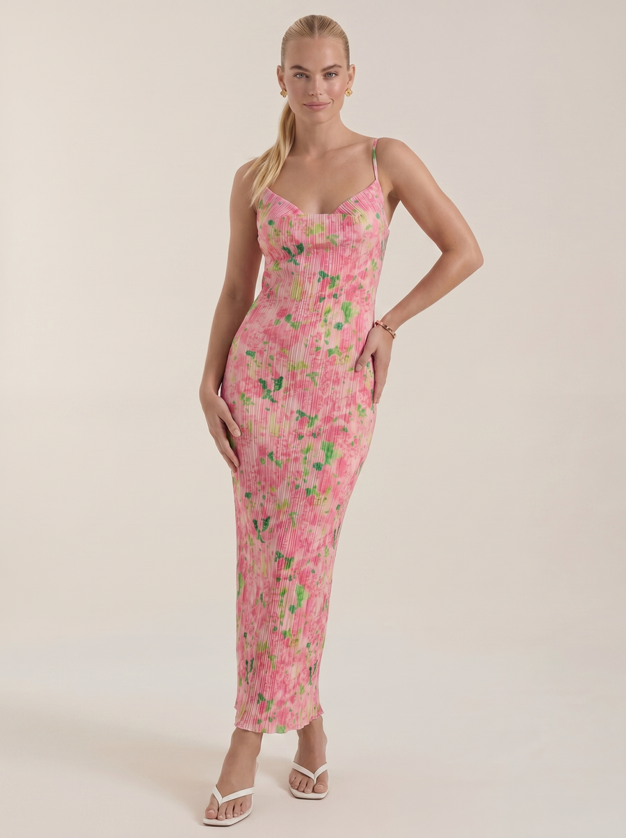 Henrietta Plissee Maxikleid mit Spaghettiträgern