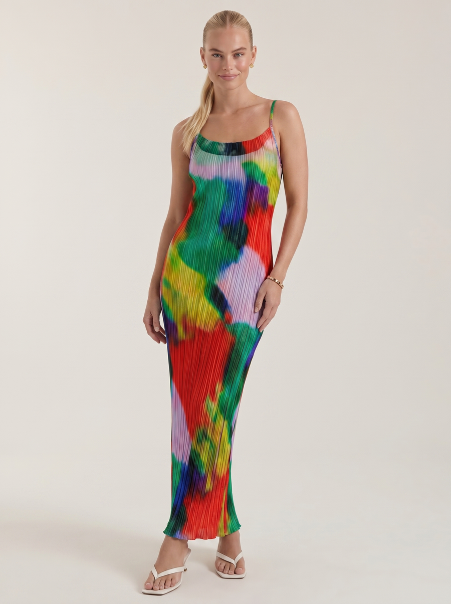 Henrietta Plissee Maxikleid mit Spaghettiträgern