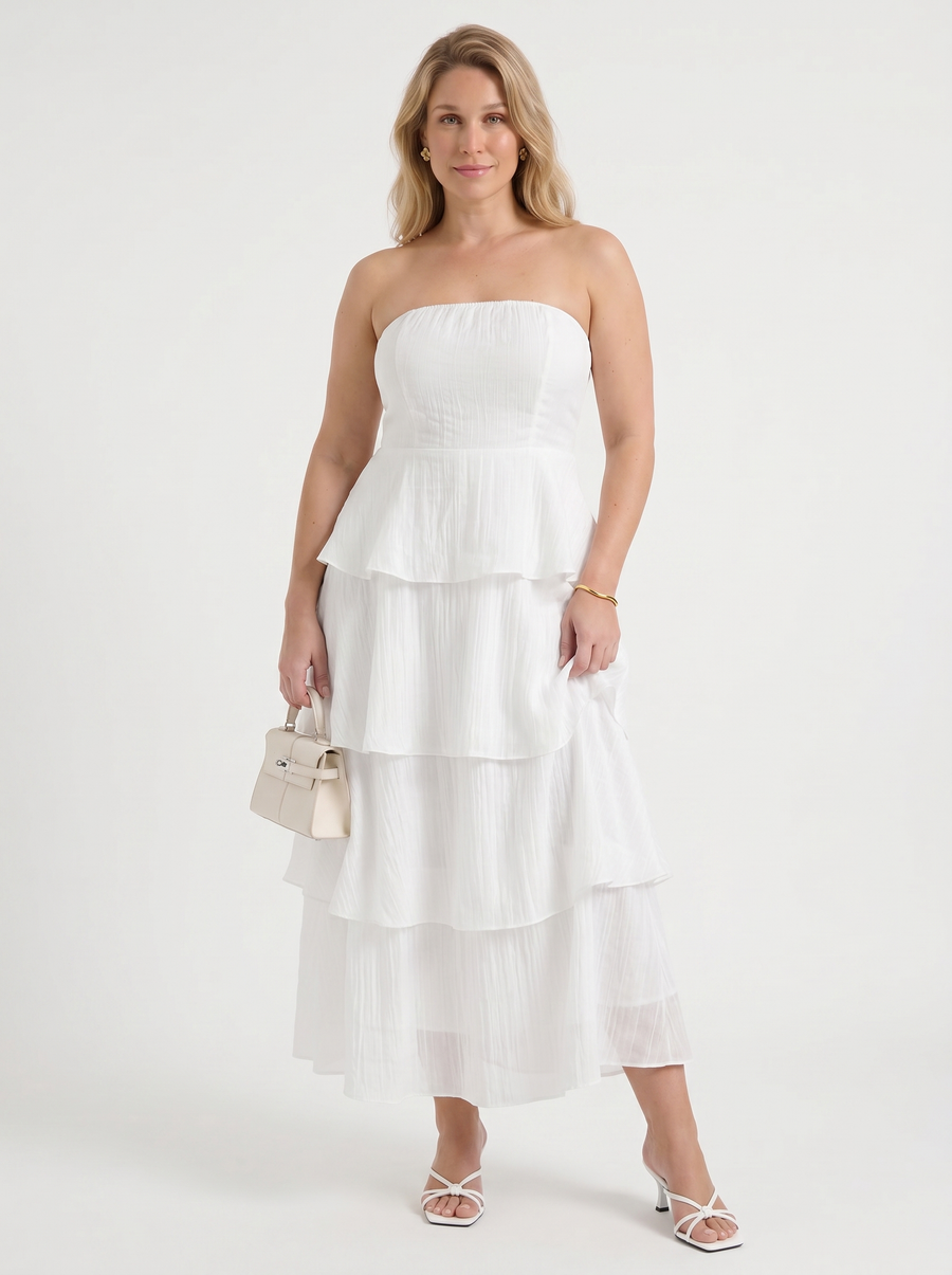 Una Bandeau-Maxikleid mit Stufenrock