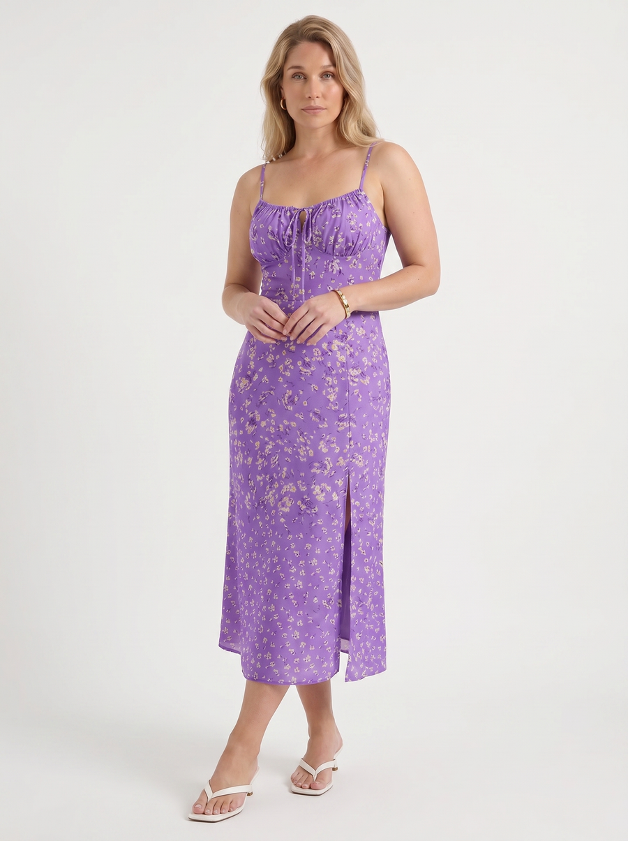 Milena Midikleid mit Spaghettiträgern und Beinschlitz