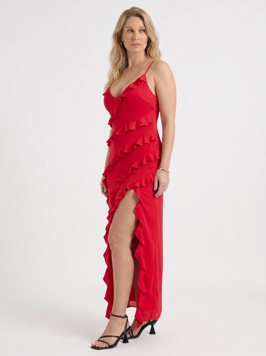 Dora Maxikleid mit Rüschen und Beinschlitz