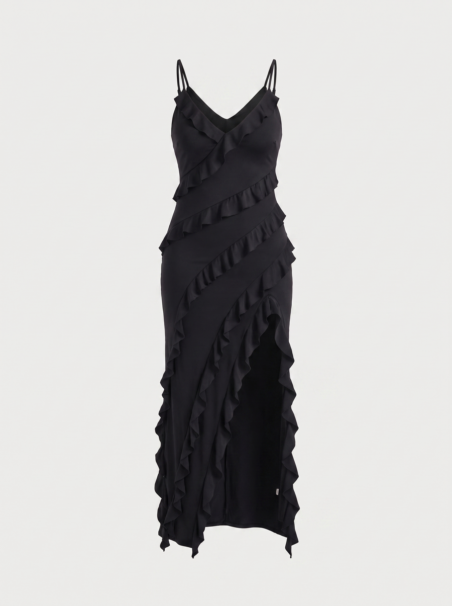 Dora Maxikleid mit Rüschen und Beinschlitz