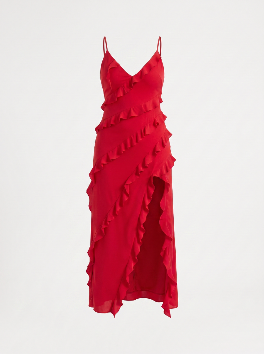 Dora Maxikleid mit Rüschen und Beinschlitz