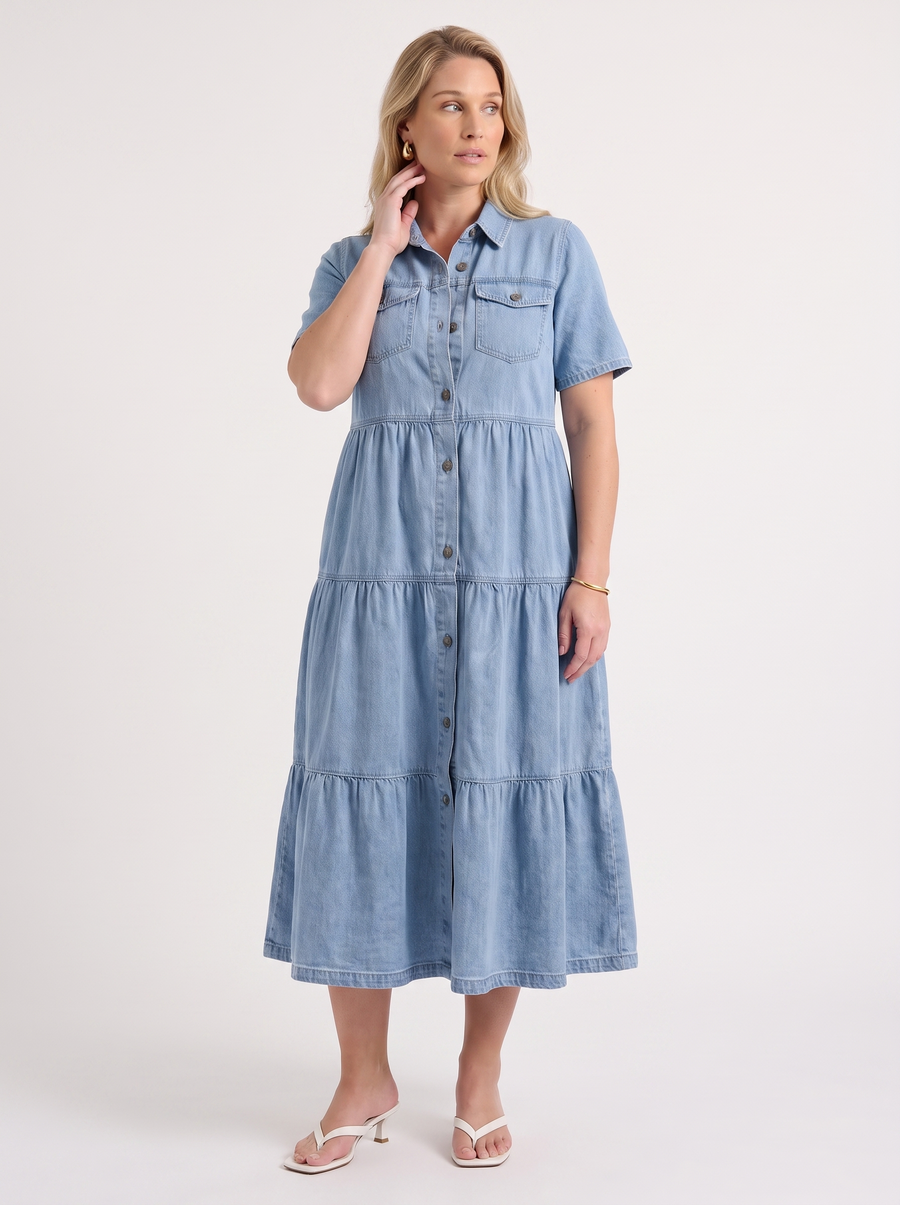Kesia Gestuftes Midi-Hemdblusenkleid