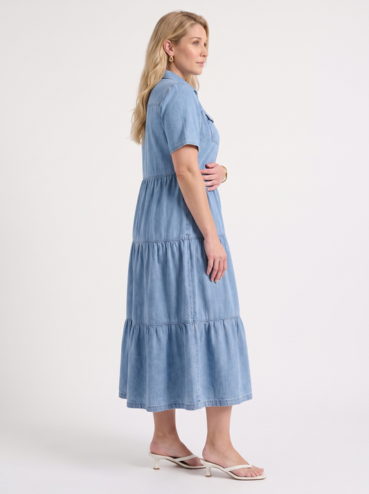 Kesia Gestuftes Midi-Hemdblusenkleid