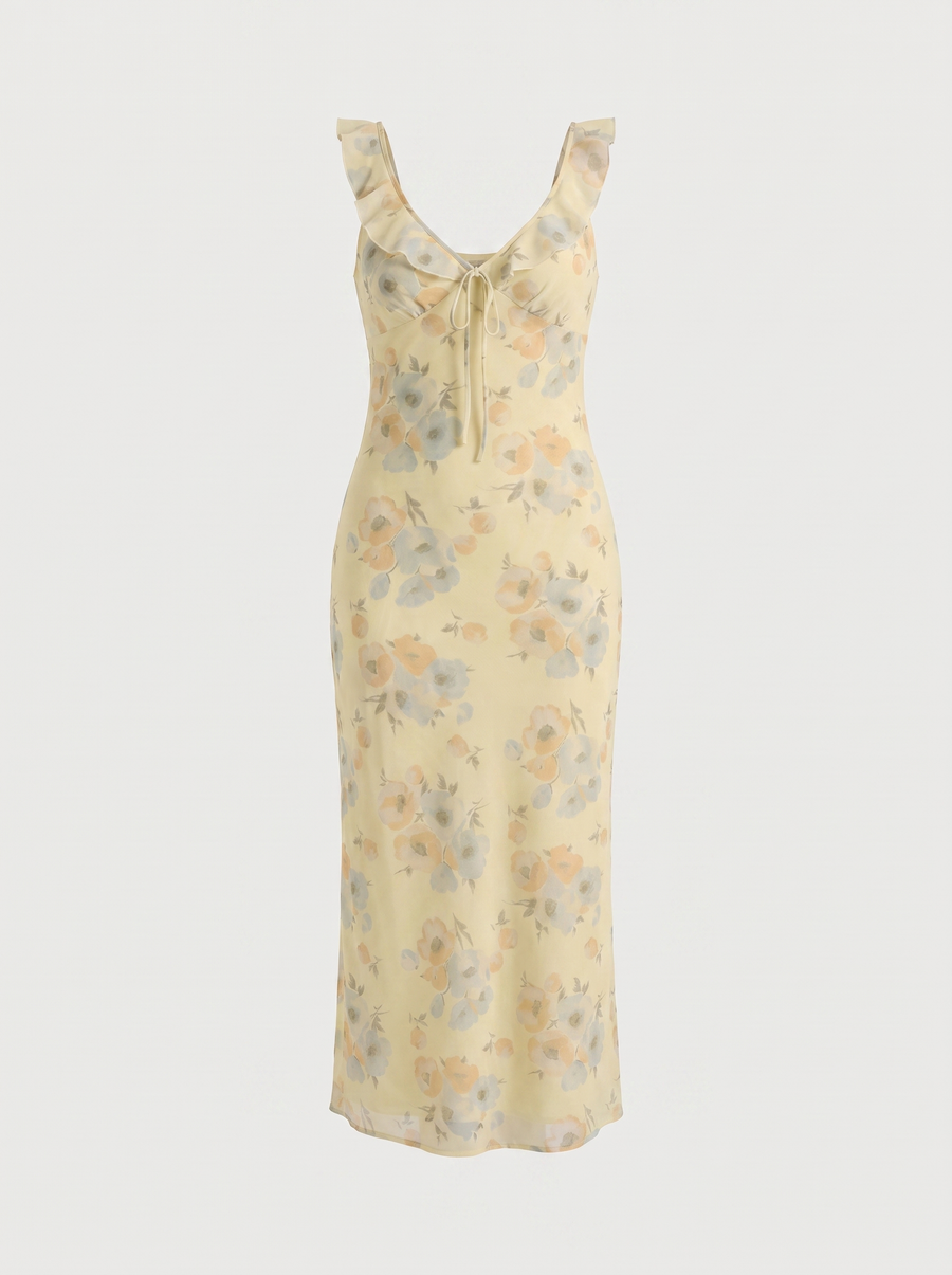Elly Midikleid mit Blumenprint und Rüschenträgern