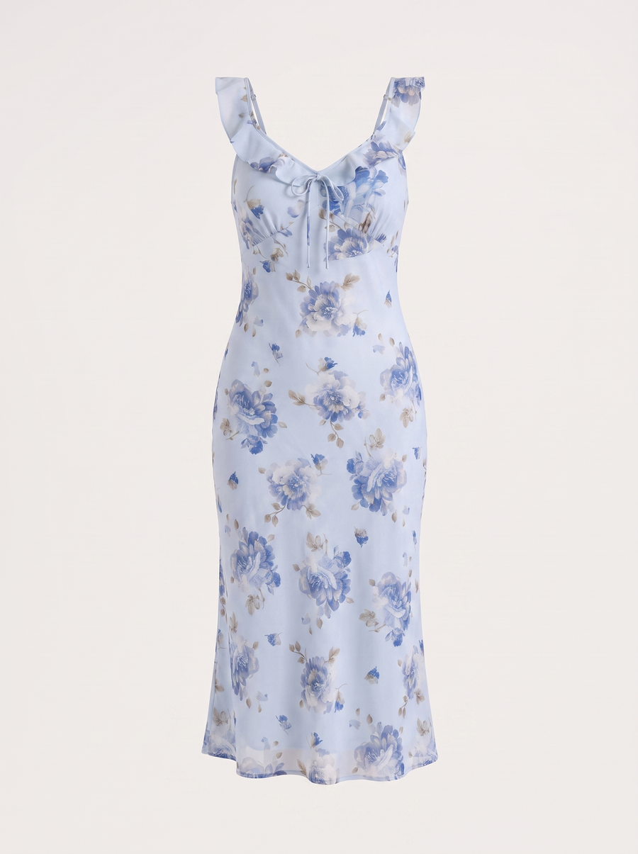 Elly Midikleid mit Blumenprint und Rüschenträgern