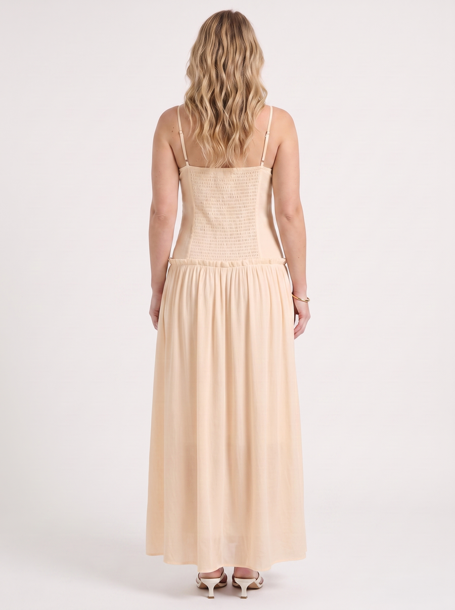 Elena Maxikleid mit Spaghettiträgern und gerafftem Oberteil
