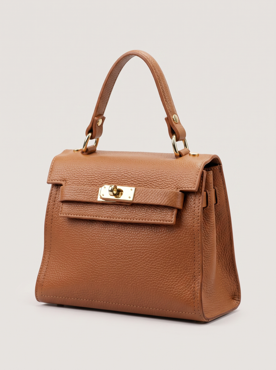 Praktische Handtasche aus Leder – Braun, Frontansicht