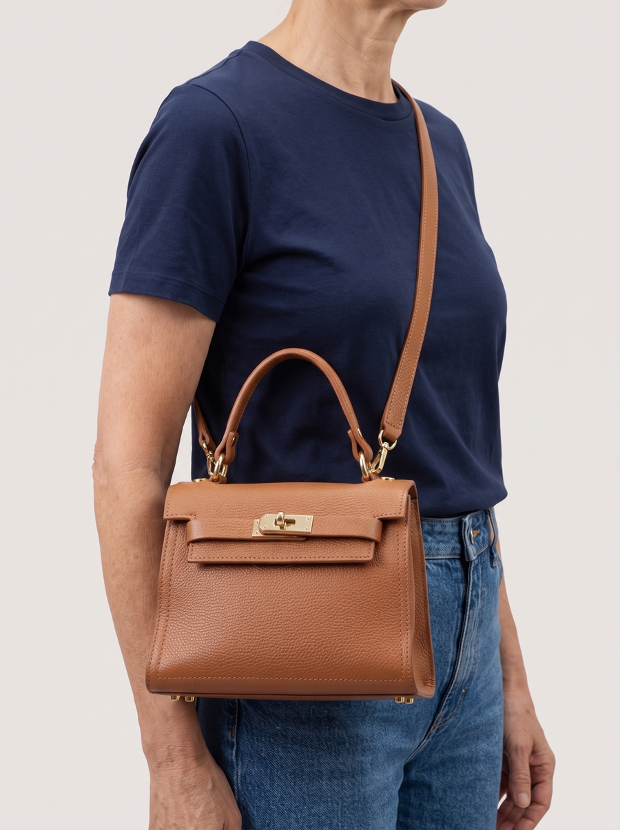 Praktische Handtasche aus Leder – Braun, an der Schulter getragen