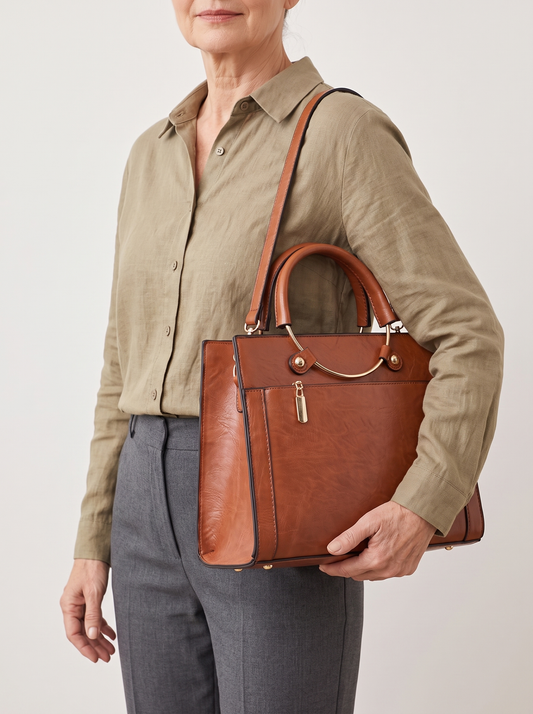 Handtasche aus Kunstleder mit Organizer – Braun, an der Schulter getragen