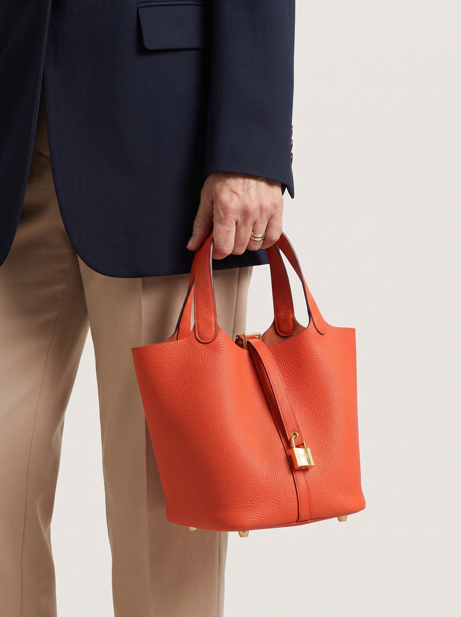 Kate Lock Bucket Bag mit Schlossverschluss Orange getragen