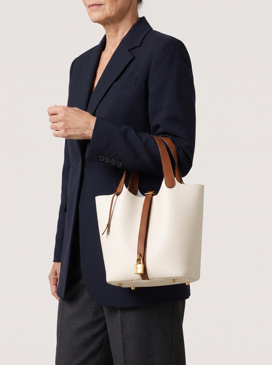 Kate Lock Bucket Bag mit Schlossverschluss Beige getragen