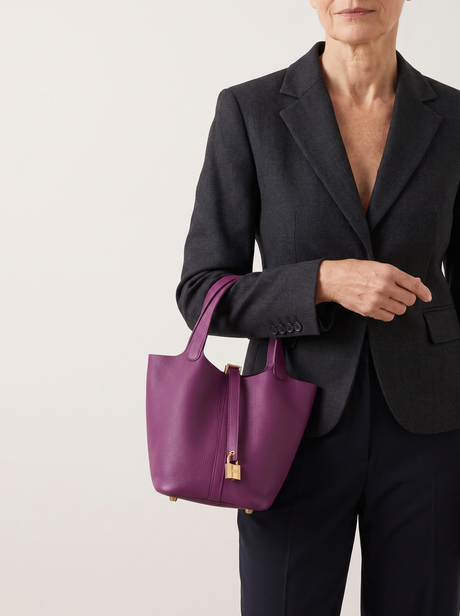 Kate Lock Bucket Bag mit Schlossverschluss Lila getragen