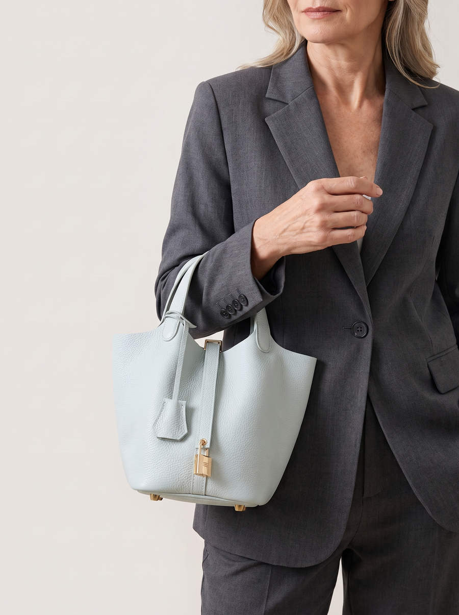 Kate Lock Bucket Bag mit Schlossverschluss Hellblau getragen