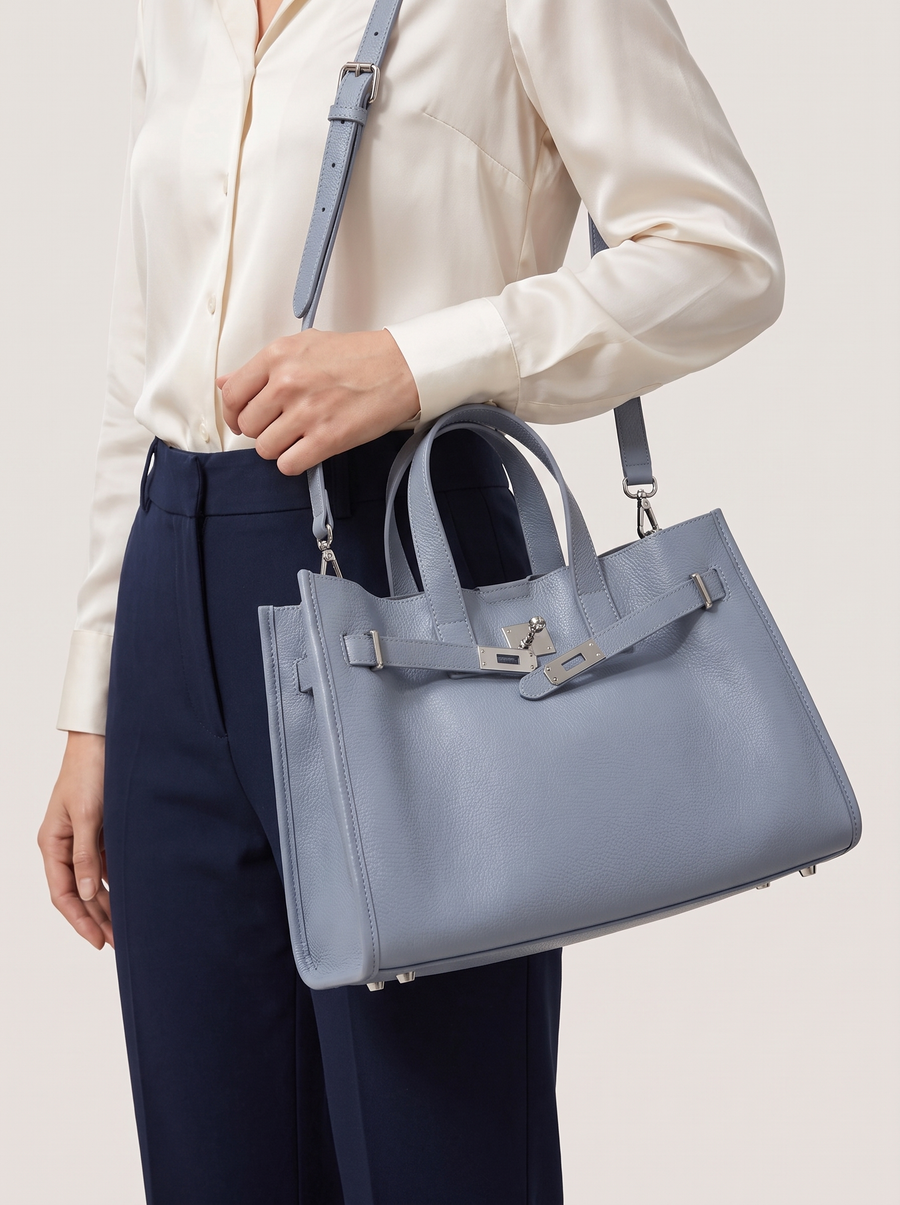 Loha Grosse Schultertasche Hellblau getragen
