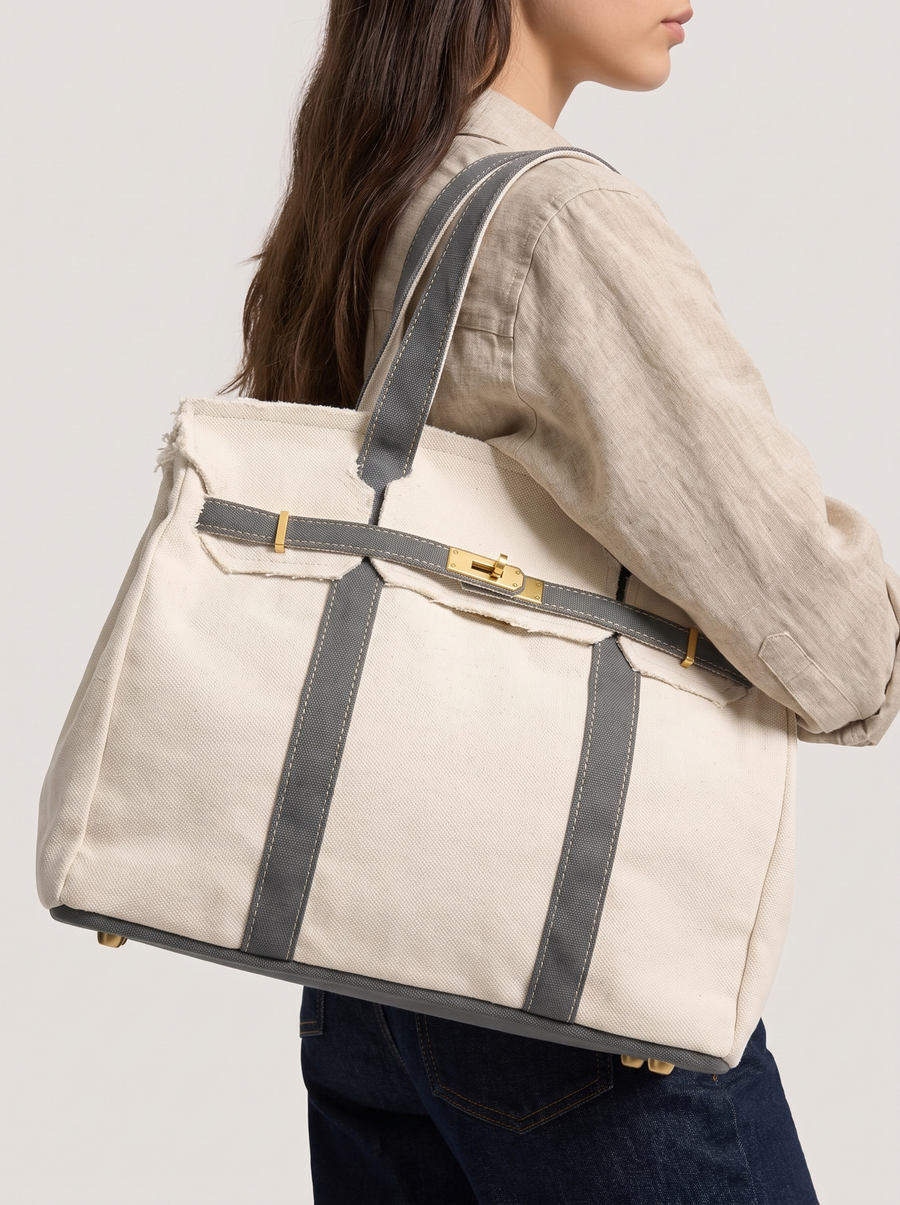 Le Batkin Canvas Shopper Hellgrau getragen