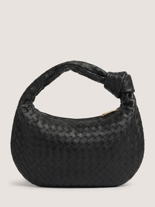 Geflochtener Hobo Bag mit Knotenhenkel - Schwarz - Front