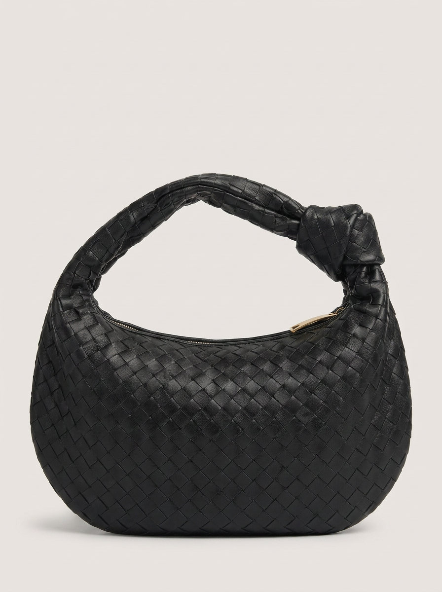 Geflochtener Hobo Bag mit Knotenhenkel - Schwarz - Front