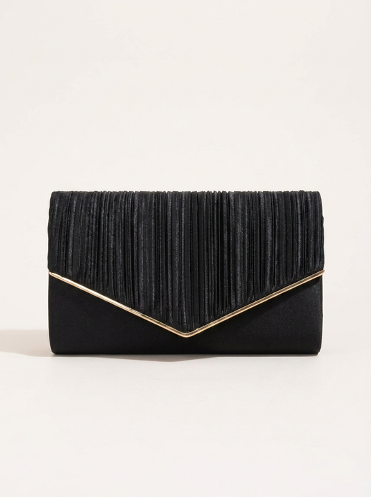 Plissierte Clutch mit Kettenriemen - Schwarz - Front