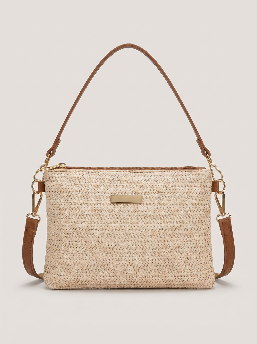 Schmale Crossbody Tasche mit Flechtmuster - Beige - Front