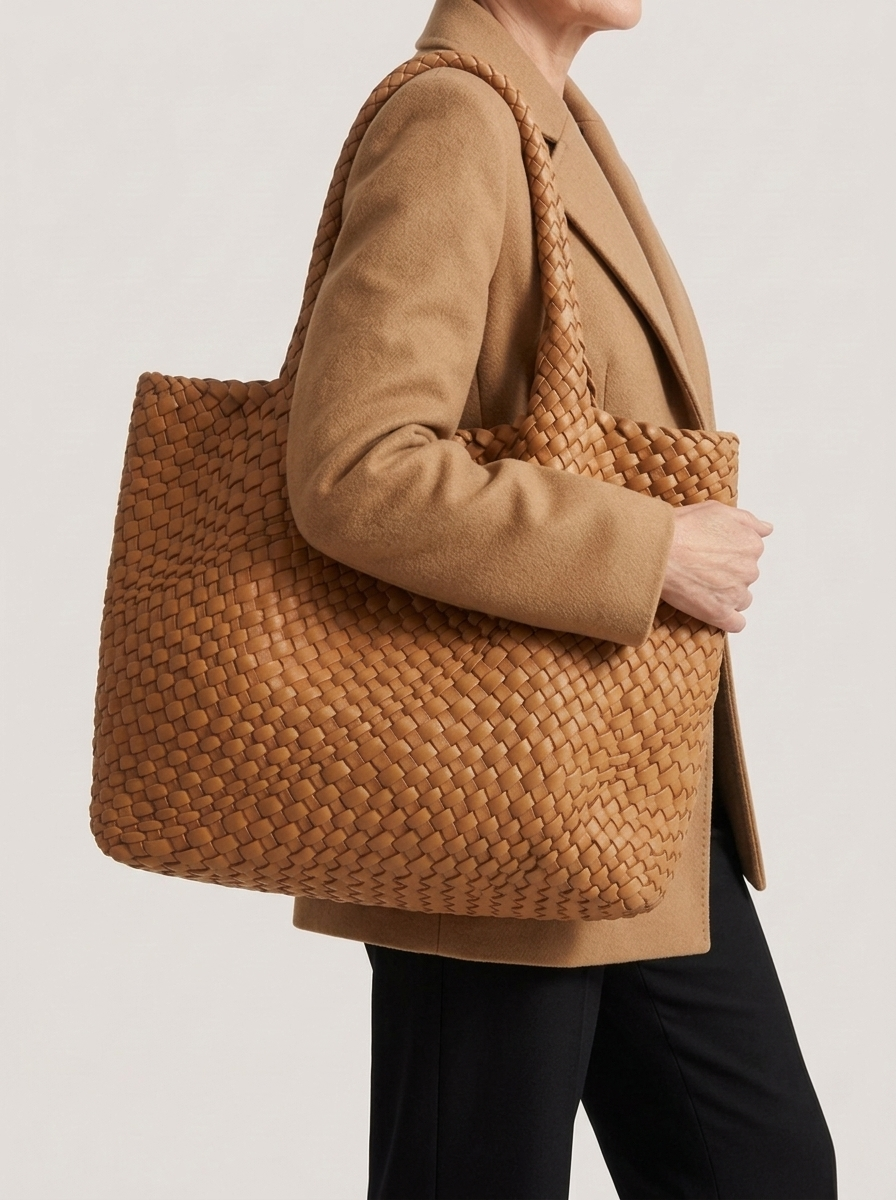 Geflochtene Henkeltasche aus gewebten Panels - Braun - Model
